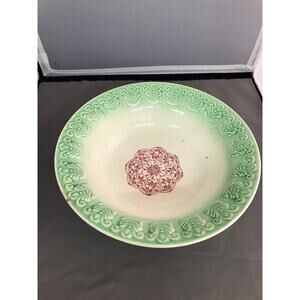 Unmarked Majolica Type Bowl Raised Relief Red‎ Green Vintage Antique Porcelain